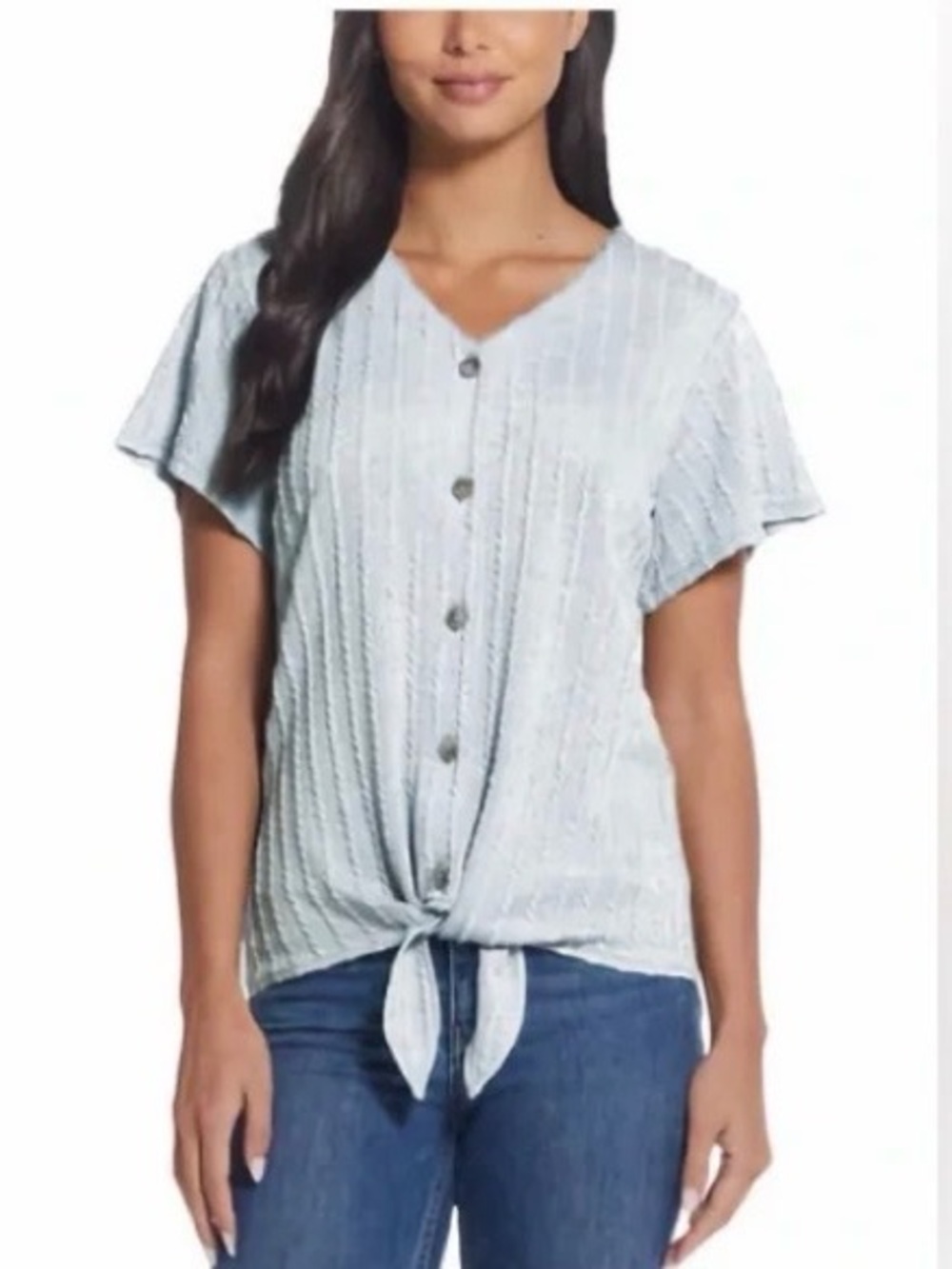Weatherproof Light Blue Button Tie-Front V-Neck Blouse‎ Cottagecore Casual